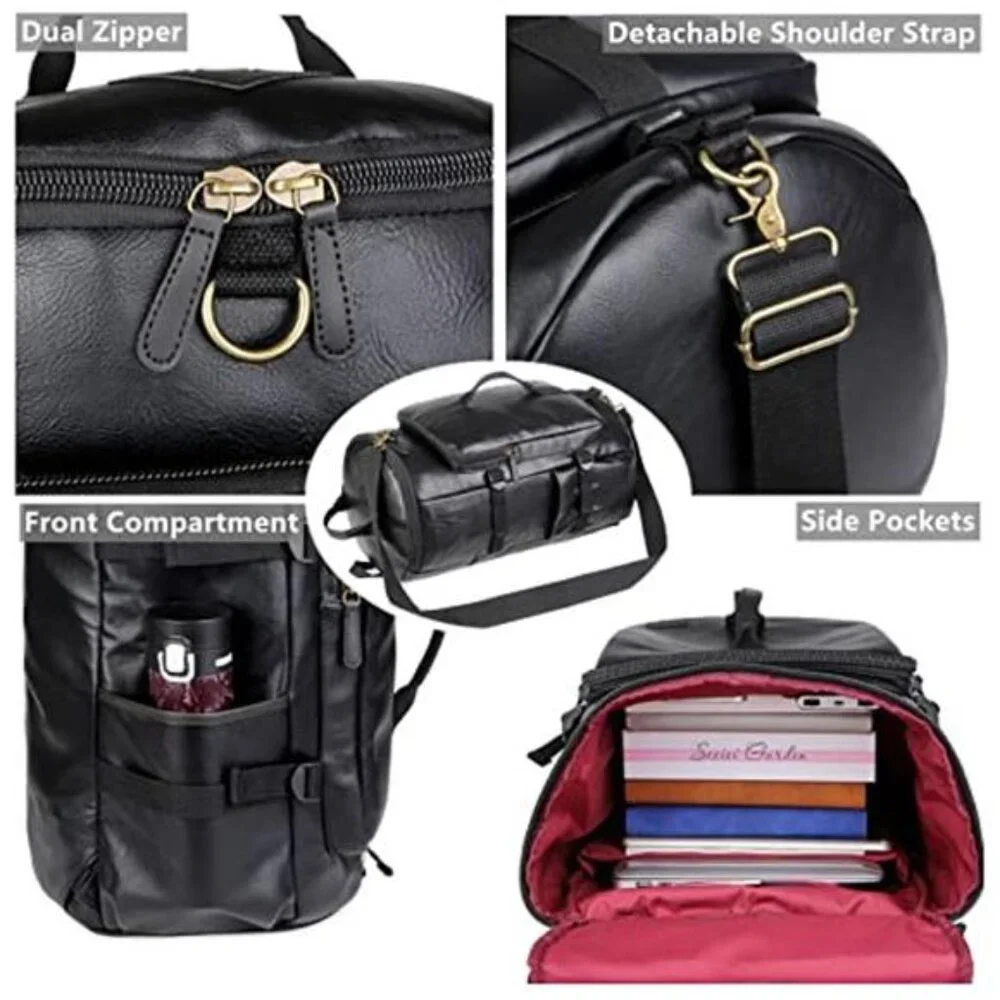 Men's Stylish Vegan Leather Weekender Travel Duffel Tote Bag Backpack